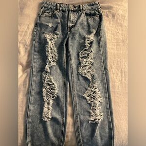 Mid-Washed Distressed Boyfriend Jeans